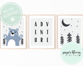 Adventure Set of 3 Modern Nordic Art Print | Woodland Bear Art Print Black and White Nursery Decor | Outdoor Themed Nursery | Baby Boys Room