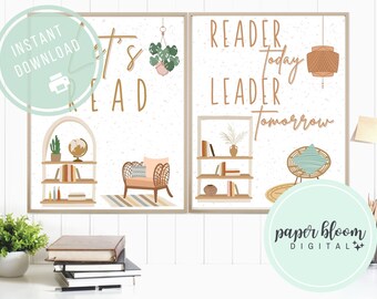May include: Two printable posters with a boho theme. The first poster says "Let's Read" and features a bookshelf, a globe, a cactus, and a wicker chair. The second poster says "Reader Today, Leader Tomorrow" and features a bookshelf, a vase with dried flowers, and a wicker chair.