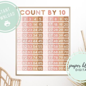Count by 10 Math Printable Hundreds Chart 8x10 16x20 | Classroom Math Printables | Boho Theme Classroom | Kindergarten Printables