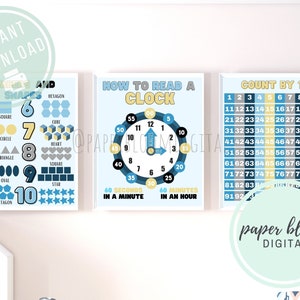 Lehrreiches Klassenzimmer Uhr Chart 3er Set | How to Tell Time Classroom druckbare 20x10" Spaß lernen Drucke | Skip Count Number Printable