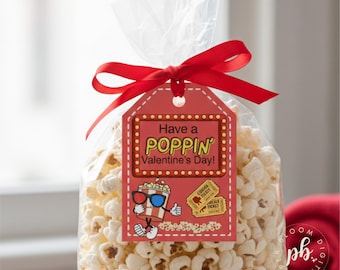 Popcorn Gift Tag for Valentine's Day classroom party, Valentine's Day gift tag for student, co-worker gift idea, popcorn bag party favors