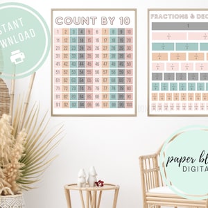 Math Learning Printables Set of 2 Fractions and Decimals Educational Poster Charts | Boho Themed Hundreds Chart 8x10 16x20 Math Worksheets