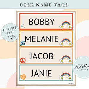 Retro Boho Klassenzimmer Etiketten, bearbeitbare Klassenzimmer Etiketten, Groovy Klassenzimmer Themen Tags, druckbare Klassenzimmer Etiketten, Studenten Namensschilder