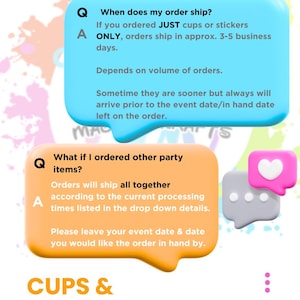 May include: Two rounded rectangular speech bubbles in light blue and orange containing FAQ text about order shipping times. The blue bubble asks when orders ship, and the orange bubble asks about other party items. Small pink and grey chat icons.