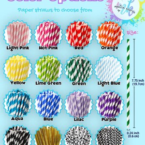 May include: A collection of paper straws in various colours and patterns including light pink, hot pink, red, orange, yellow, lime green, green, light blue, aqua, blue, lilac, purple, black, gold, cow print, and checker. Each straw is 19.7 cm long.