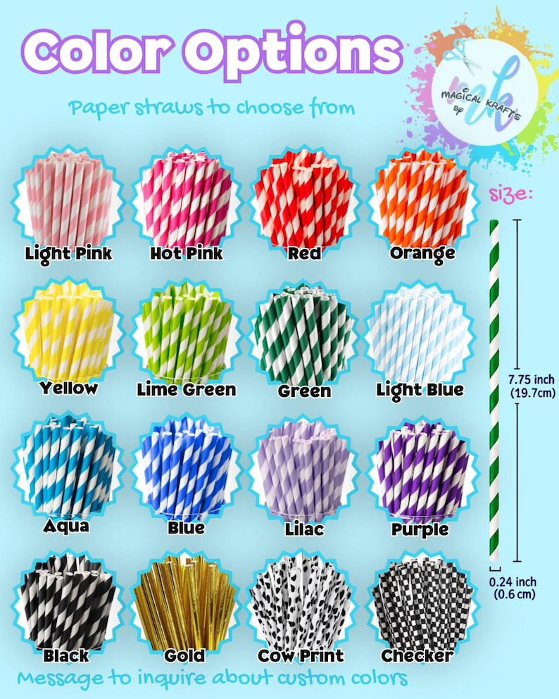 May include: A collection of paper straws in various colours and patterns including light pink, hot pink, red, orange, yellow, lime green, green, light blue, aqua, blue, lilac, purple, black, gold, cow print, and checker. Each straw is 19.7 cm long.
