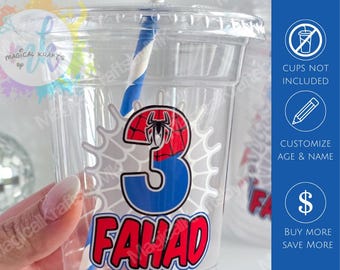 May include: A clear plastic cup sticker featuring a large blue number 3 with a red spiderweb pattern and a black spider icon at the top. Below the number, the name FAHAD is printed in bold red letters with a blue outline. Text reads STICKERS ONLY.