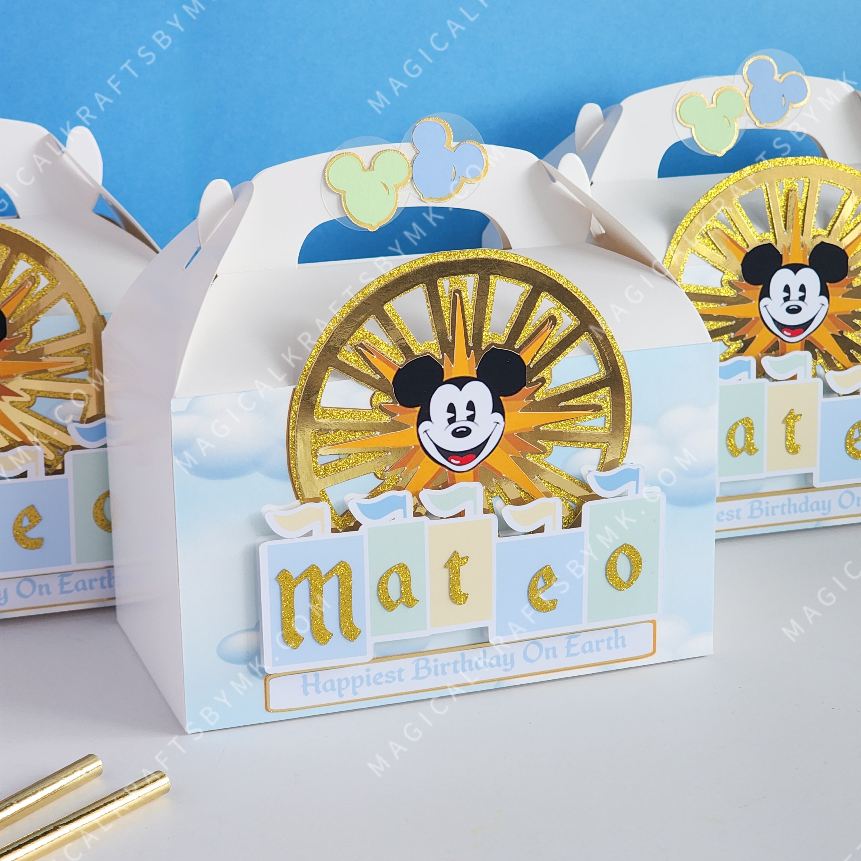 Blue Pastel Park Favor Boxes: 3D (Customize Colors, Age and Name)