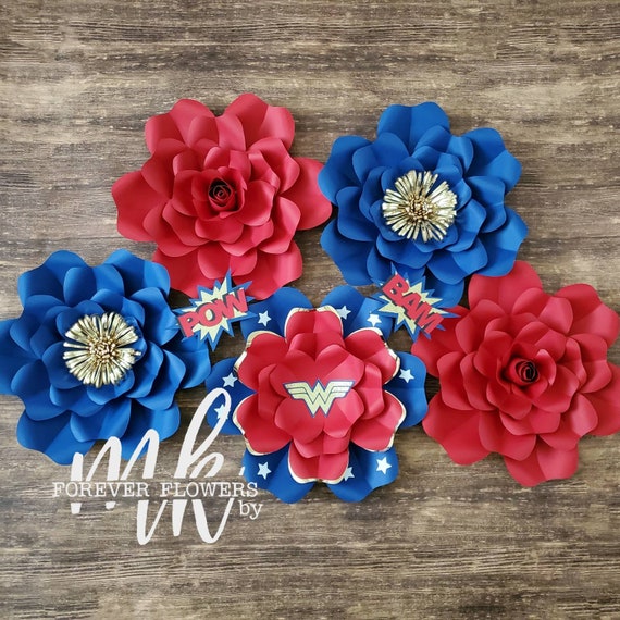 Wonder Woman Set: 5 pc Large Paper Flowers (Opt. Banner)|Hero Theme Decor | Desert Table Backdrop | DC Heroes | Birthday Backdrop |Superhero Il_570xn