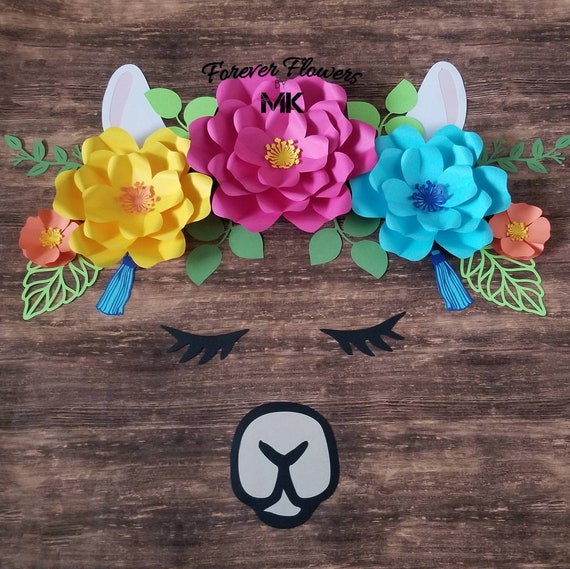 Fiesta Llama Set: 5 pc Large Paper Flowers |Customizable LlamaFace |Llama Theme Decor |Baby Shower |Llama Wall Decor |Fiesta backdrop Il_570xn