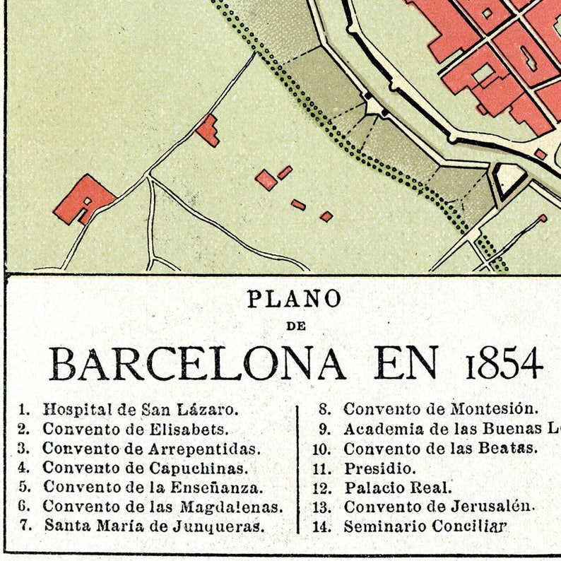 Ancient map of Barcelona 1854 city plan beautiful map | Etsy