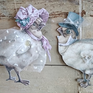 Set, galline/pulcini vintage, bella nostalgia Con una soffice gonna di tulle .... in robusto cartone, amorevolmente lavorato a mano, alto circa 17 cm