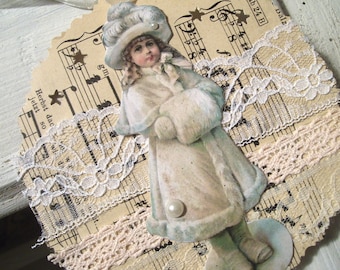 Wonderful Victorian paper pendant, winter child, lovingly handmade