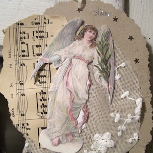 Wonderful Victorian decoration pendant made of paper and lace, an angel, lovingly handmade