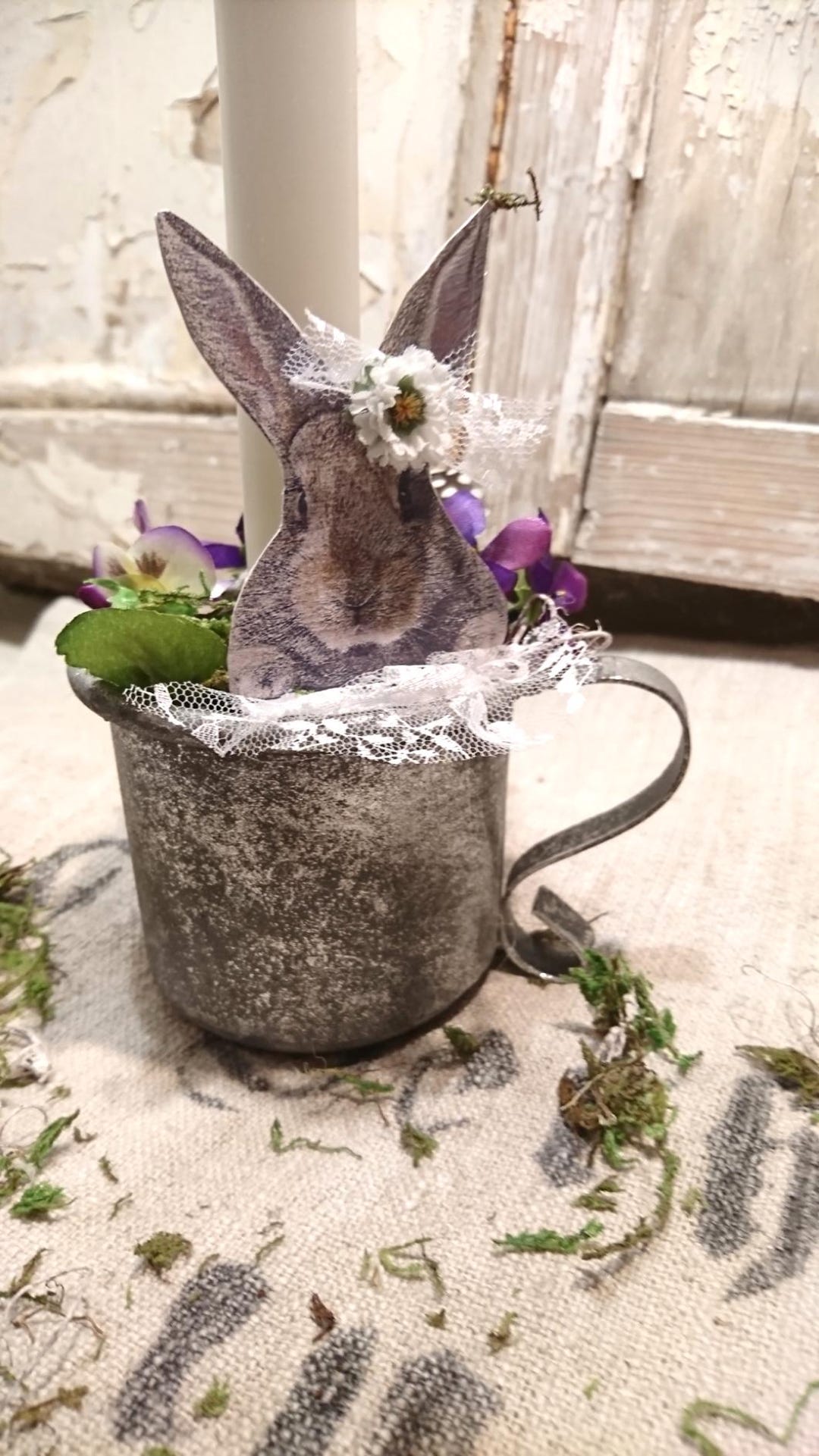 Waterfall Rabbit Arrangement Rabbit, Nostalgic, Handmade Arrangement, in a Matte Silver Cup, With ...