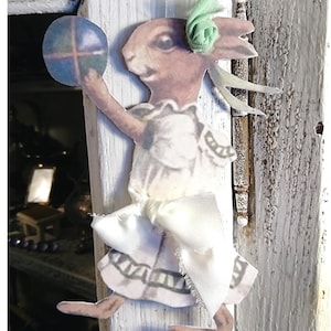 Conejo, nostálgico, hecho a mano, de cartón resistente, shabby, vintage, decorado con cariño, con cinta de georgette.