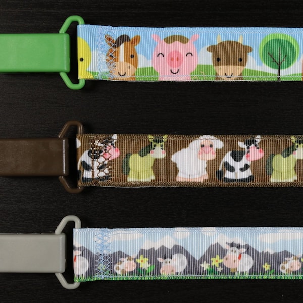 Pacifier Clip: Farm Animals, Horse, Cow, Sheep | boys & girls, neutral ribbon pacifier holder, baby shower gift, binky soothie mam nuk dummy