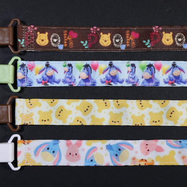 Pacifier Clip: Winnie the Pooh, Eeyore, Tigger, Piglet | boy & girl ribbon paci holder, baby shower gift, binky soothie