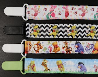 Pacifier Clip: Disney Winnie the Pooh - Pooh Bear Eeyore Tigger Piglet | boy & girl ribbon paci holder, baby shower gift, binky soothie mam