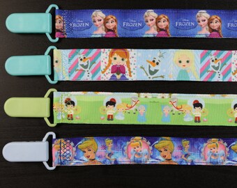 Pacifier Clip: Disney Princess Frozen Anna Elsa Cinderella | baby girl ribbon paci holder, baby shower gift, binky mam nuk soothie