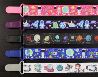 Pacifier Clip: Outer Space Astronaut Solar System | boy & girl ribbon paci holder, baby shower gift, binky soothie mam nuk dummy