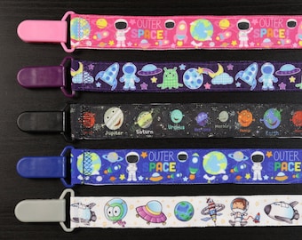 Pacifier Clip: Outer Space Astronaut Solar System | boy & girl ribbon paci holder, baby shower gift, binky soothie mam nuk dummy