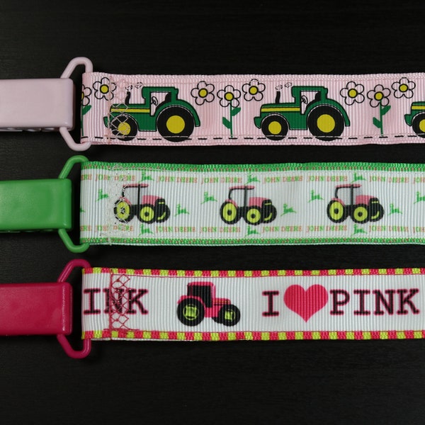Pacifier Clip: John Deere - Pink Tractor | girl's ribbon paci holder, baby shower gift, binky soothie mam