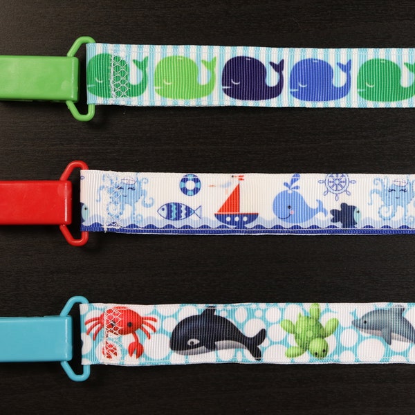 Pacifier Clip: Whales - Sail Boats - Sea Creatures | Boy & Girl ribbon paci holder, baby shower gift, binky soothie mam nuk