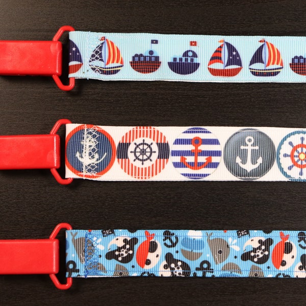 Pacifier Clip: Nautical - Boats - Sail Boats - Anchors - Pirates | boy ribbon paci holder, baby shower gift, binky soothie mam nuk