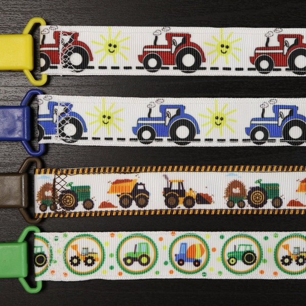 Pacifier Clip: Tractor - Farm - Work Trucks | boy & girl ribbon paci holder, baby shower gift, binky soothie mam nuk
