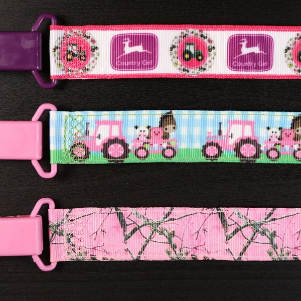 Pacifier Clip: John Deere - Tractor - Farm Animals - Camo | girl ribbon paci holder, baby shower gift, binky soothie mam nuk
