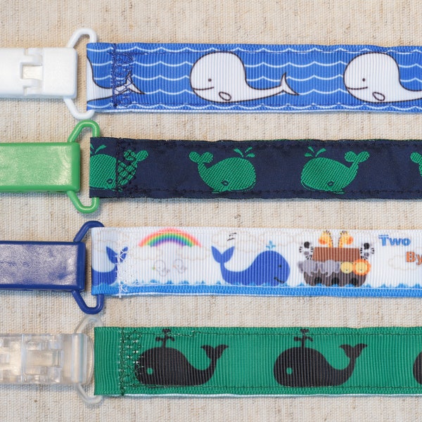 Pacifier Clip: Whales - Noah's Ark - Two by Two | boy & girl ribbon paci holder, baby shower gift, binky soothie mam nuk