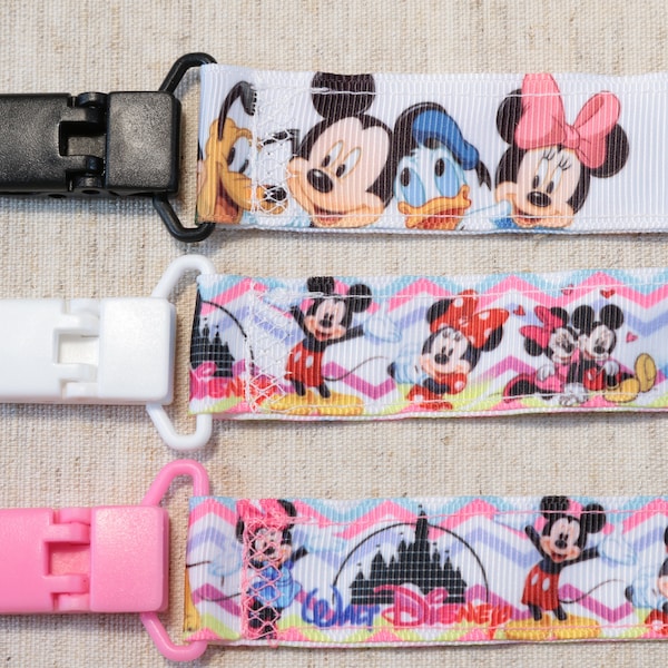 Pacifier Clip: Disney - Mickey Minnie Mouse - Donald Daisy Duck - Pluto | boy & girl ribbon paci holder, baby shower gift, binky soothie mam