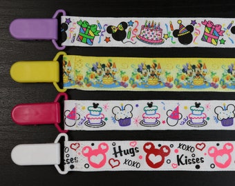 Pacifier Clip: Disney Minnie Mouse Birthday Party | baby girl ribbon paci holder, baby shower gift, binky nuk mam soothie