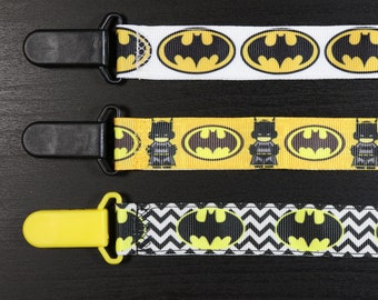 Pacifier Clip: Batman Bat Signal Caped Crusader Dark Knight Super Hero | boy & girl ribbon paci holder, baby shower gift, binky soothie mam
