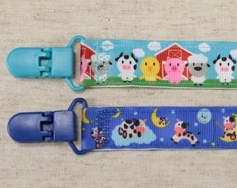 Pacifier Clip: Farm Animals - Cow Jumping the Moon | boys & girls, neutral, ribbon, paci holder