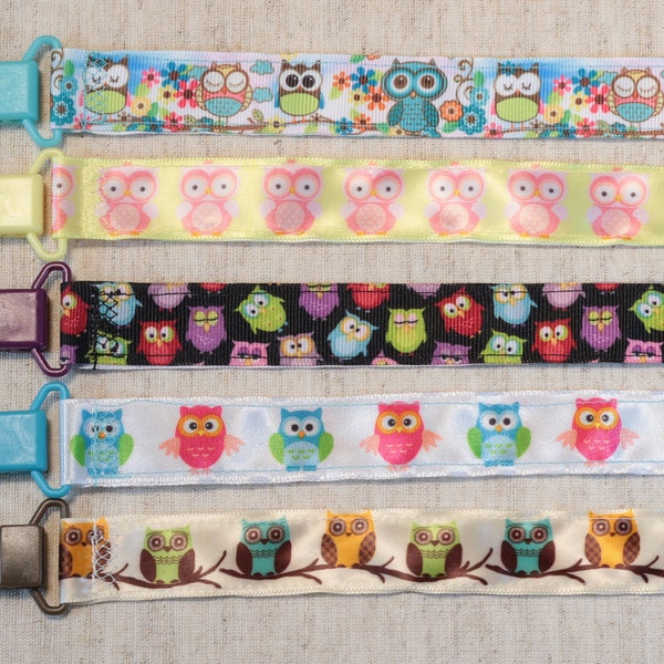 Pacifier Clip: Owls - Pink Yellow Multi-Colored | boy & girl ribbon paci holder, baby shower gift, binky soothie mam