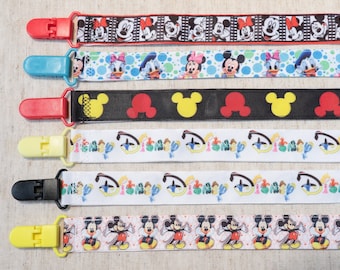 Pacifier Clip: Disney Mickey Minnie Mouse Donald Daisy Duck Mickey Ears | boy & girl ribbon paci holder, baby shower gift, binky mam soothie