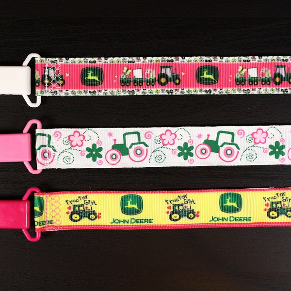 Pacifier Clip: John Deere - Tractor - Farm | boy & girl ribbon paci holder, baby shower gift, binky soothie mam nuk