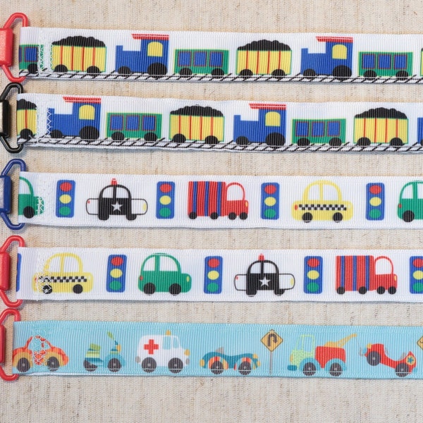 Pacifier Clip: Cars - Trucks - Trains | boy & girl ribbon paci holder, baby shower gift, binky soothie mam
