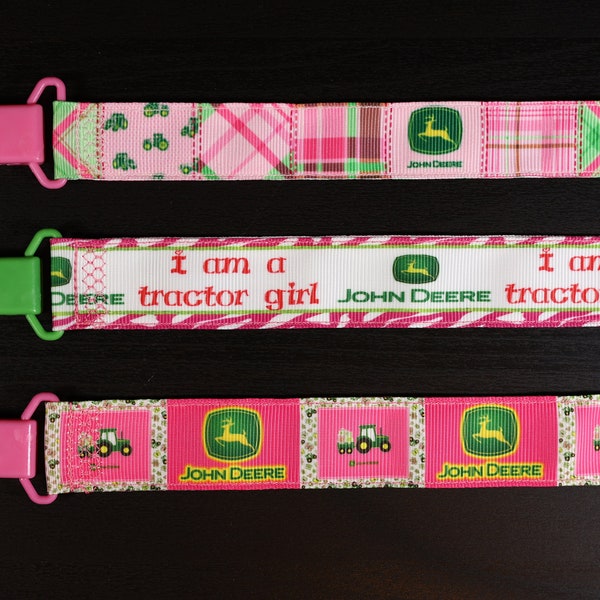 Pacifier Clip: John Deere - Tractor - Farm | boy & girl ribbon paci holder, baby shower gift, binky soothie mam nuk