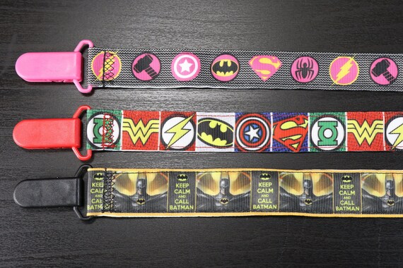 Baby Boy Girl Pacifier Clip Holder Ribbon Little Super Heroes Batman Superman