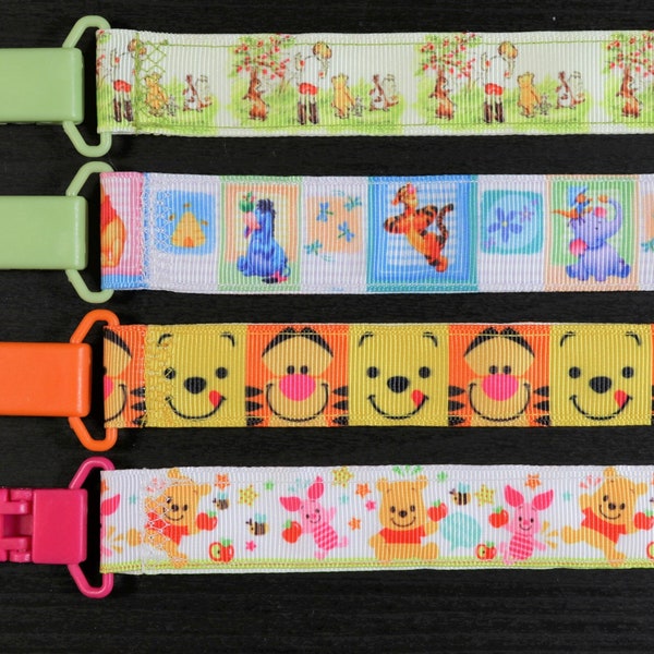 Pacifier Clip: Disney Winnie the Pooh - Pooh Bear Eeyore Tigger Piglet | boy & girl ribbon paci holder, baby shower gift, binky soothie mam