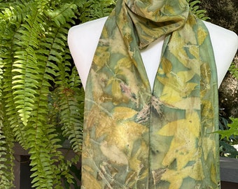 Bohemian Green ecoprinted silk scarf botanical print fabric nature pattern scarf floral print silk fairy scarf for her wearable textile art