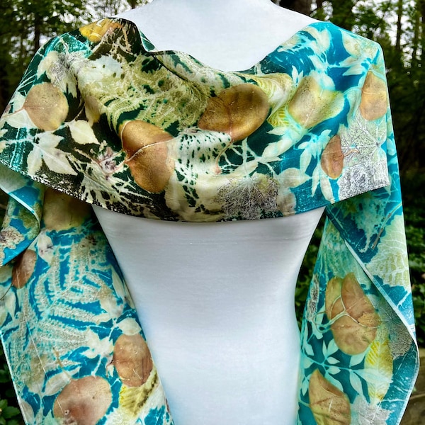 Dream of Flowers floral print silk scarf botanical fabric pattern ecoprint turquoise boho nature art to wear bohemian faecore cottage fairy