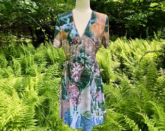 Emerald Garden ladies wrap dress botanical print floral pattern wearable art vegan clothing travel dress comfort fairycore dress