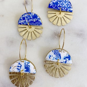 Handmade Polymer Clay Earrings: Blue Tile Brass Hoops