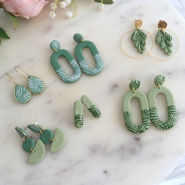 Boucles d'oreilles en pâte polymère | Boucles d'oreilles tendance | Boucles d'oreilles faites main Jungle verte