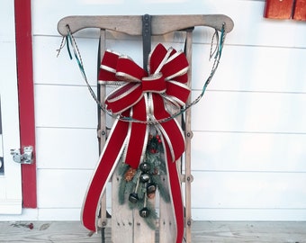 Antique Sled - Winter Snow Sled Decoration with Green Swag, Red Bow and Bells (533)