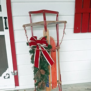 Vintage Sled -  Yankee Clipper FO21 Sled with Green Swag, Pine Cones, Red, Silver Trimmed Bow(534)